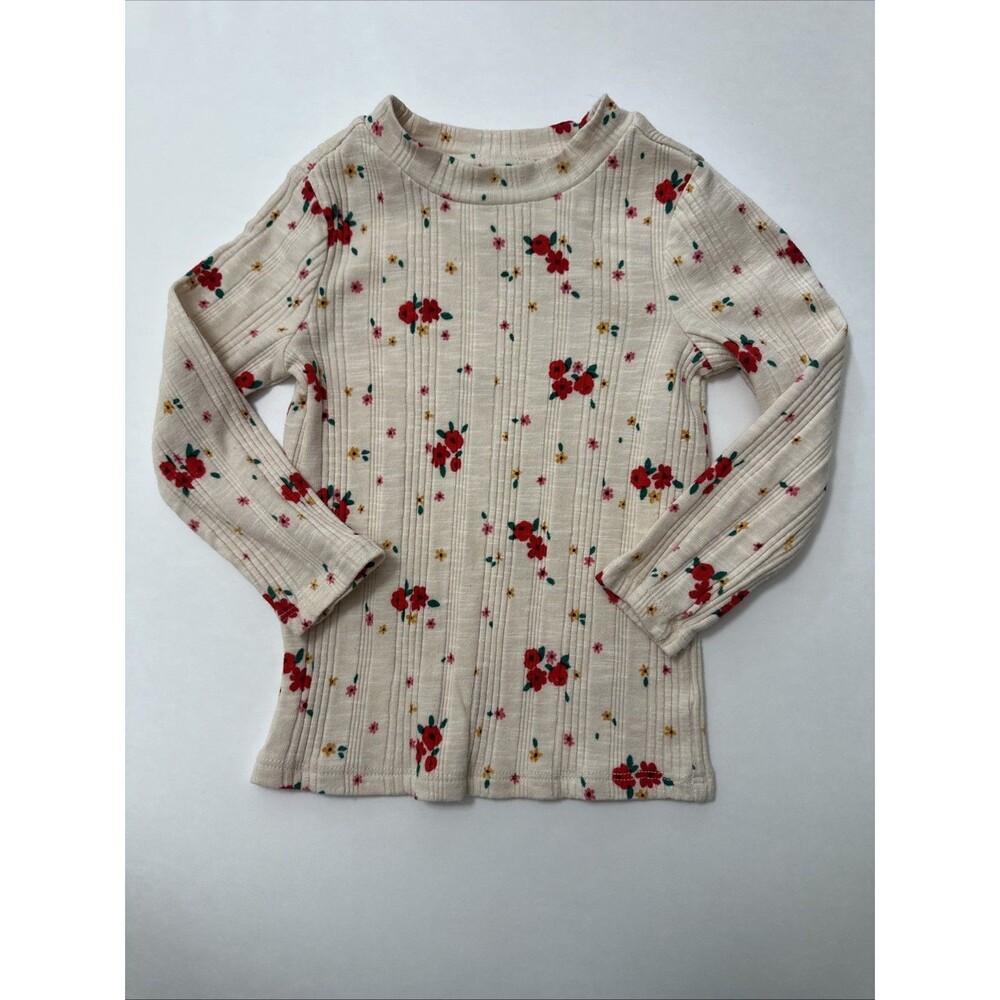 Cat & Jack Girls Long Sleeve Ribbed Floral Top Cream Red Flowers Size 2T